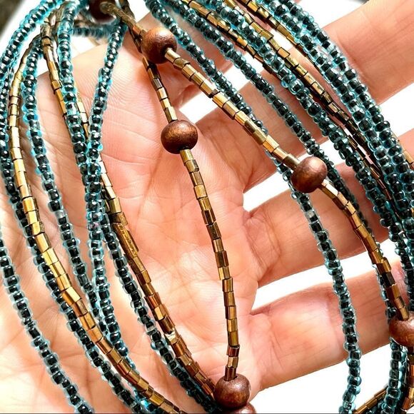 Blue and gold beaded multi strand wood pendant necklace - Picture 7 of 10